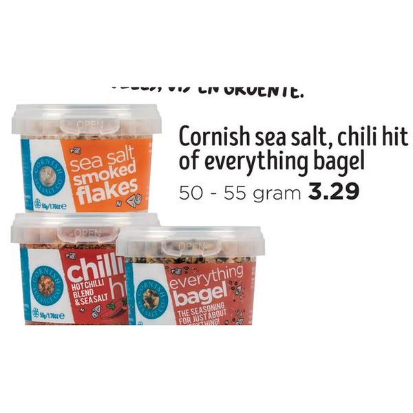 Cornish sea salt, chili hit of everything bagel seasonings