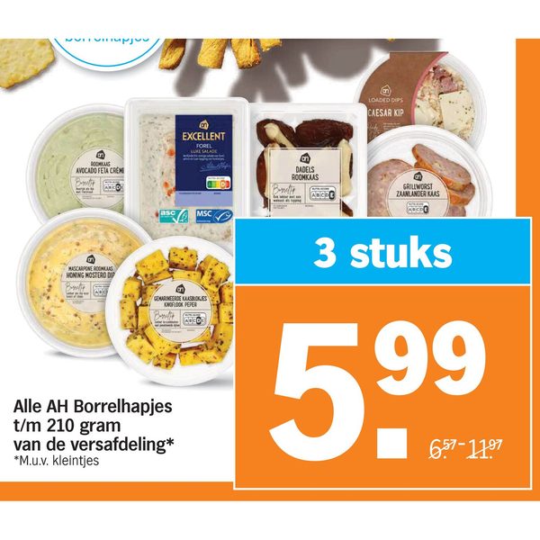 Alle AH Borrelhapjes t/m 210 gram van de versafdeling