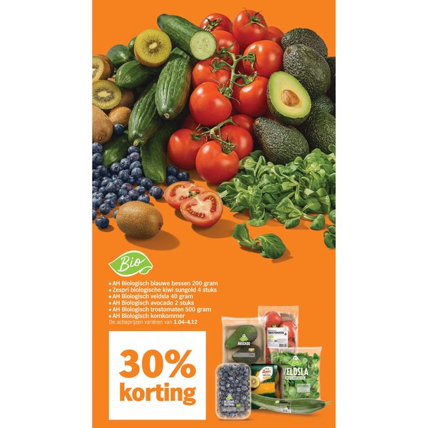 AH Biologisch blauwe bessen 200 gram
Zespri biologische kiwi sungold 4 stuks
AH Biologisch veldsla 40 gram
AH Biologisch avocado 2 stuks
AH Biologisch trostomaten 500 gram
AH Biologisch komkommer