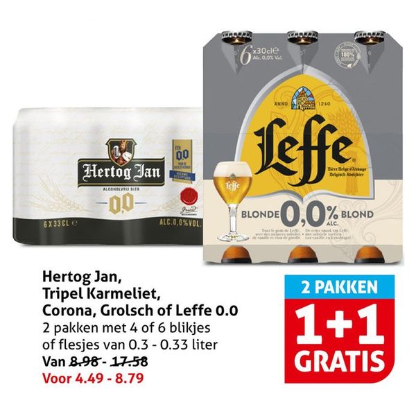 Hertog Jan, Tripel Karmeliet, Corona, Grolsch of Leffe 0.0 speciaalbier