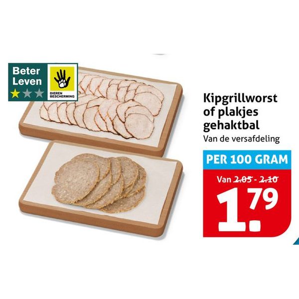 Kipgrillworst of plakjes gehaktbal