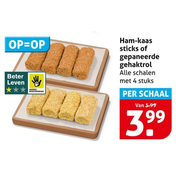 Ham-kaas sticks of gepaneerde gehaktrol