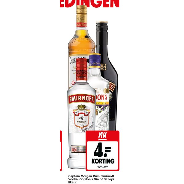 Captain Morgan Rum, Smirnoff Vodka, Gordon's Gin of Baileys likeur
